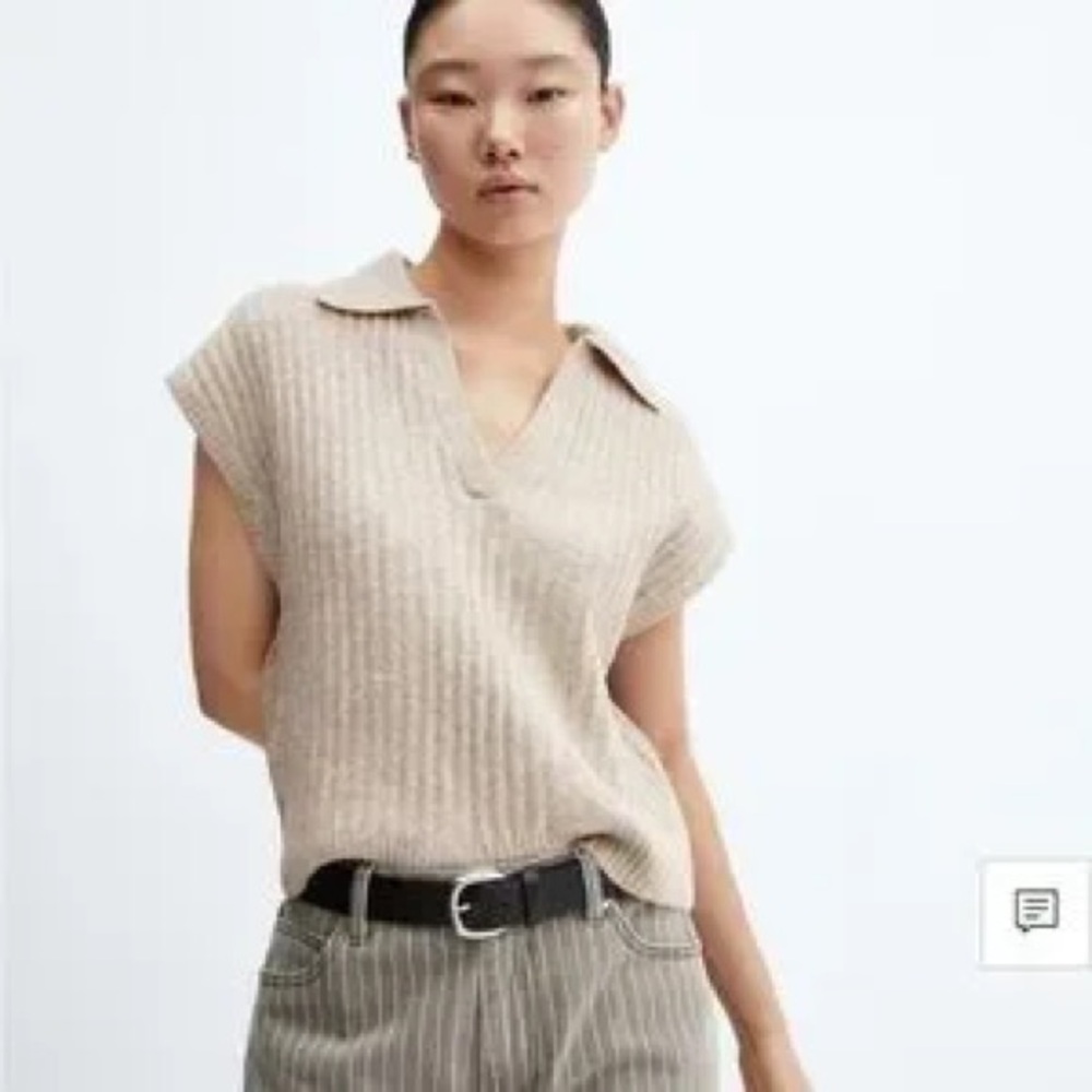 Mango Light Brown Knit Collared Sweater
